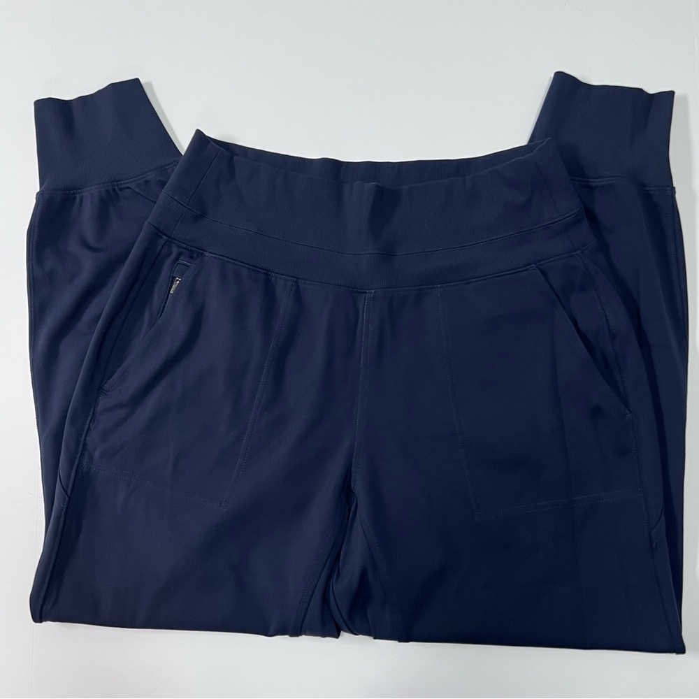 Athleta Navy Blue Joggers Women’s Medium High Rise Ribbed Waist Zip Pocket Pants